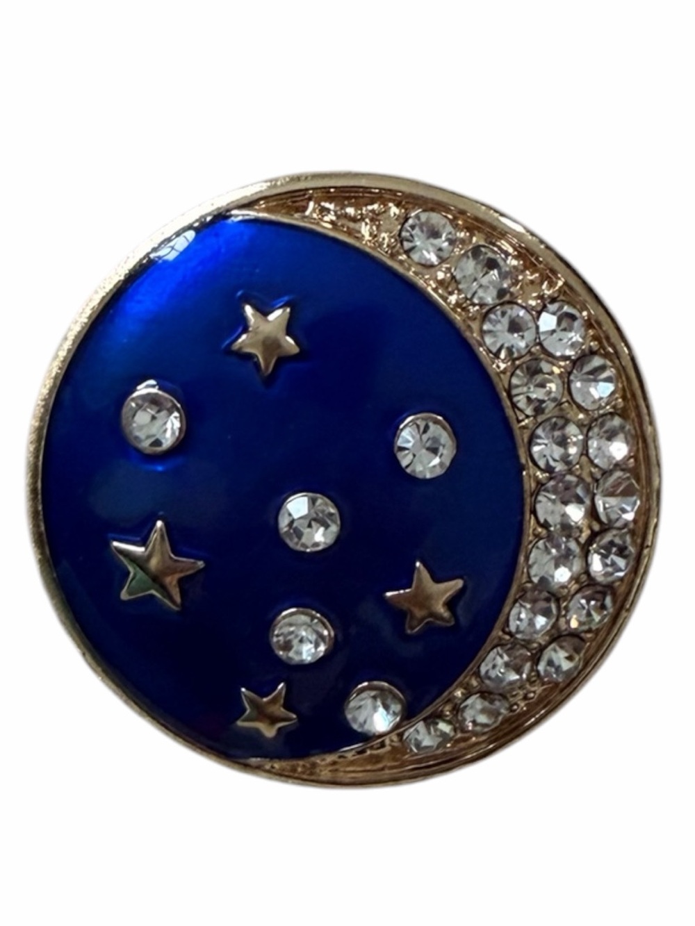 GOLD-TONE PIN CRYSTAL CRESCENT MOON W/STARS AND CRYSTALS ON DARK BLUE SKY